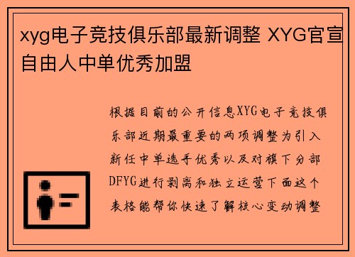 xyg电子竞技俱乐部最新调整 XYG官宣自由人中单优秀加盟
