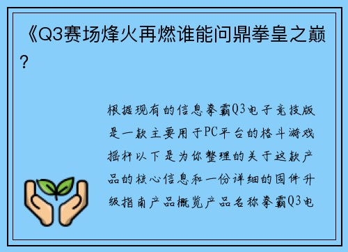 《Q3赛场烽火再燃谁能问鼎拳皇之巅？